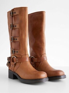 Steve Madden Brocks Moto Leather Lug Boot Cognac Harness Knee-High Riding 7